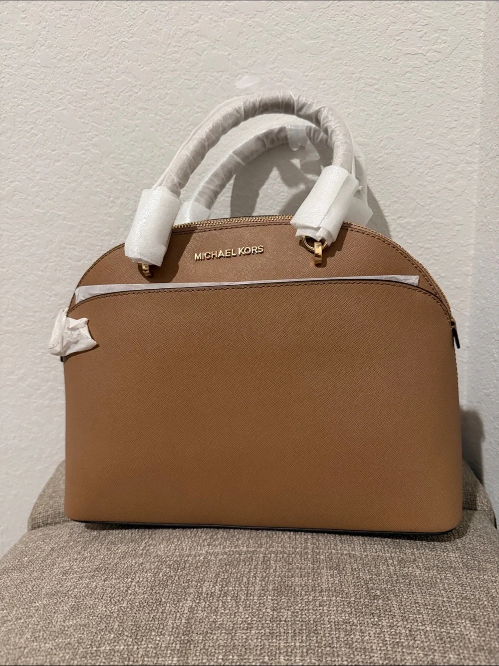 Michael Kors Camel Saffiano Dome Satchel with Gold Hardware